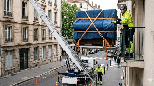 Sécuriser le piano sur le plateau du monte-meubles