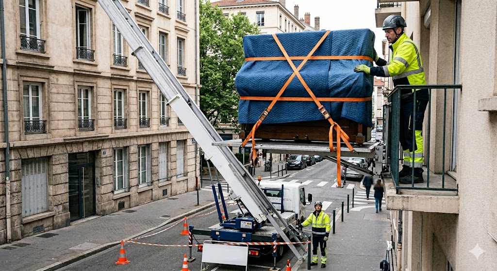 Sécuriser le piano sur le plateau du monte-meubles
